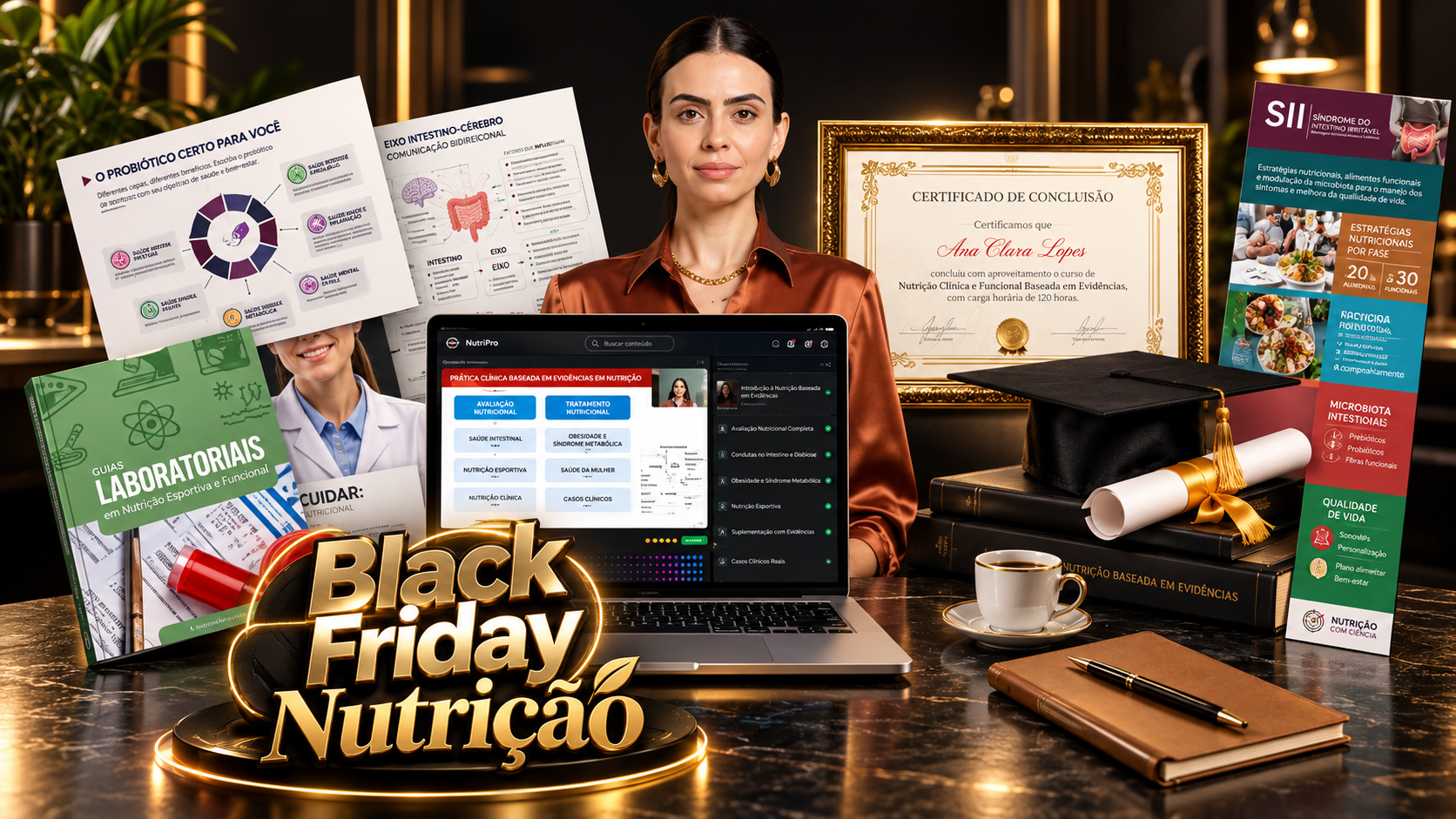 Composição Black Friday Nutrição: cursos, certificados, notebook com a plataforma e materiais educacionais
